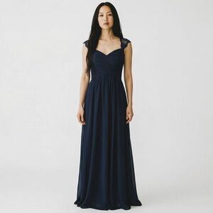 D’Zage Solid Navy Lace Cap Sleeve Maxi Dress Elegant Bridesmaid Long Dress 12